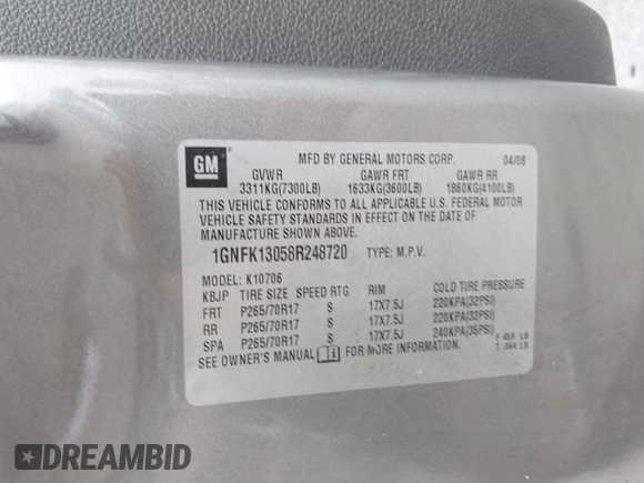 2008 Chevrolet Tahoe 2LT with VIN 1GNFK13058R248720, listed as a IAAI auction lot 42752215 with 245,050 mi miles and . Bid and sale history available at DreamBid. Image 9.