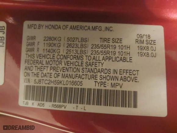2019 Acura RDX w/Technology Pkg with VIN 5J8TC2H59KL016605, listed as a IAAI auction lot 41567145 with 69,528 mi miles. Bid and sale history available at carsss.com. Image 9.