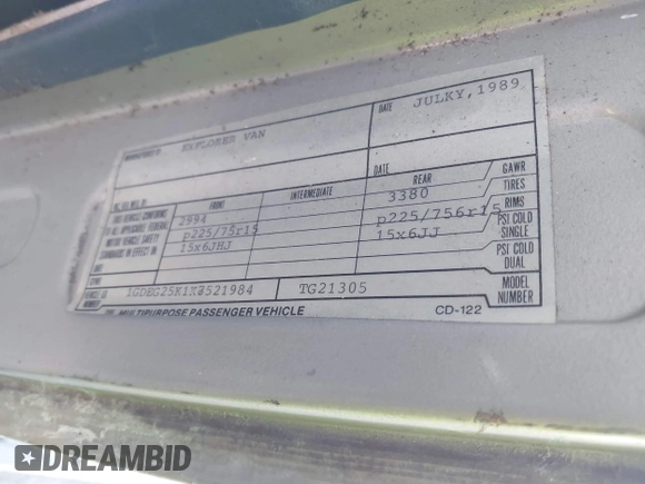 1989 GMC Vandura z VIN 1GDEG25K1K7521984, wystawiony jako IAAI lot #41371811 z przebiegiem 43 502 mil mil oraz . Historia ofert i sprzedaży dostępna na DreamBid. Obrazek 9.