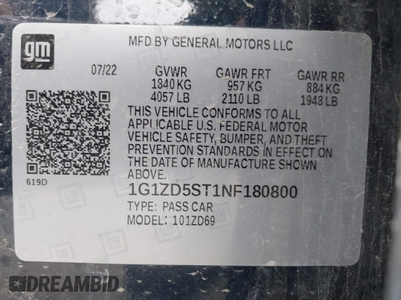 2022 Chevrolet Malibu LT with VIN 1G1ZD5ST1NF180800, listed as a IAAI auction lot 42093008 with 45,049 mi miles and . Bid and sale history available at DreamBid. Image 9.