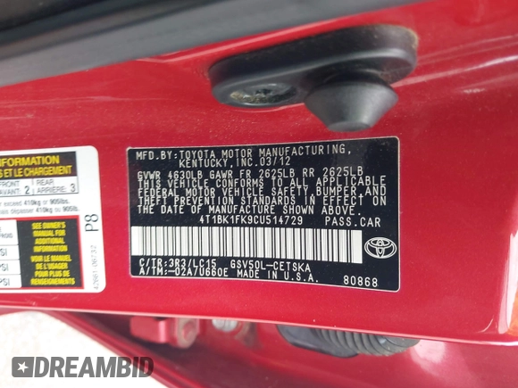 2012 Toyota Camry SE with VIN 4T1BK1FK9CU514729, listed as a IAAI auction lot 41899624 with 153,460 mi miles. Bid and sale history available at carsss.com. Image 9.