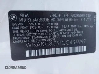 2012 BMW 7 Series 750Li xDrive с VIN WBAKC8C51CC434997, выставлен на аукционе IAAI как лот 41605961 с пробегом 115 330 миль миль и . История ставок и продаж доступна на DreamBid. Изображение 9.