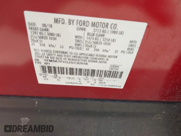 2018 Ford Explorer Limited z VIN 1FM5K7FH3JGC92656, wystawiony jako IAAI lot #42368902 z przebiegiem Nie podano mil oraz . Historia ofert i sprzedaży dostępna na DreamBid. Obrazek 9.