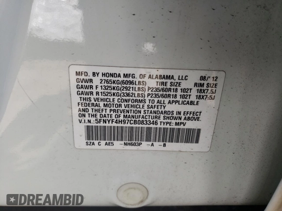 2012 Honda Pilot Touring with VIN 5FNYF4H97CB083346, listed as a Copart auction lot 48261855 with 127,723 mi miles and Salvage Title. Bid and sale history available at DreamBid. Image 14.