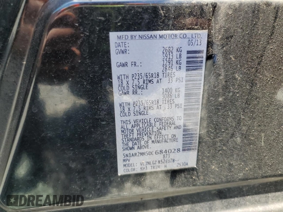 2013 Nissan Pathfinder SL with VIN 5N1AR2MM5DC684028, listed as a Copart auction lot 55998085 with 242,724 mi miles and Salvage title. Bid and sale history available at DreamBid. Image 13.