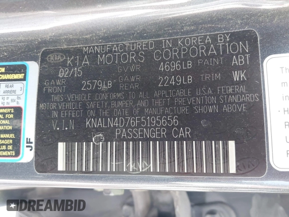 2015 Kia Cadenza Premium with VIN KNALN4D76F5195656, listed as a IAAI auction lot 41803974 with 107,734 mi miles. Bid and sale history available at carsss.com. Image 9.