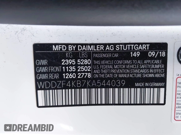 2019 Mercedes-Benz E-Class E 300 with VIN WDDZF4KB7KA544039, listed as a IAAI auction lot 41824267 with 67,072 mi miles. Bid and sale history available at carsss.com. Image 9.
