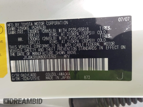 2008 Lexus RX 350 z VIN JTJGK31UX80013763, wystawiony jako IAAI lot #42121125 z przebiegiem 171 038 mil mil oraz . Historia ofert i sprzedaży dostępna na DreamBid. Obrazek 9.