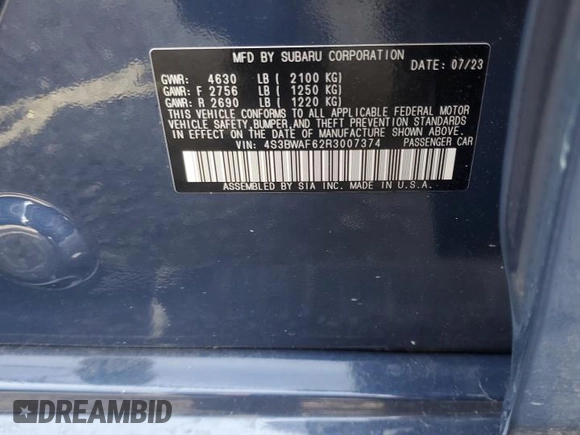 2024 Subaru Legacy Premium with VIN 4S3BWAF62R3007374, listed as a Copart auction lot 64238775 with 18,005 mi miles and Salvage title. Bid and sale history available at DreamBid. Image 12.