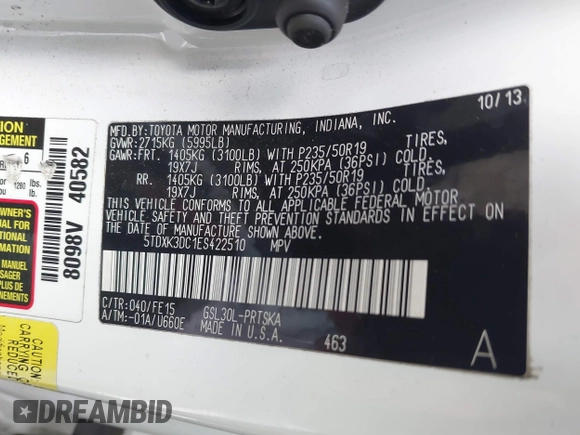 2014 Toyota Sienna SE with VIN 5TDXK3DC1ES422510, listed as a IAAI auction lot 41030376 with Not Provided miles and . Bid and sale history available at DreamBid. Image 9.