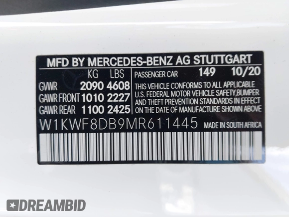 2021 Mercedes-Benz C 300 with VIN W1KWF8DB9MR611445, listed as a IAAI auction lot 41960300 with 32,862 mi miles and . Bid and sale history available at DreamBid. Image 9.