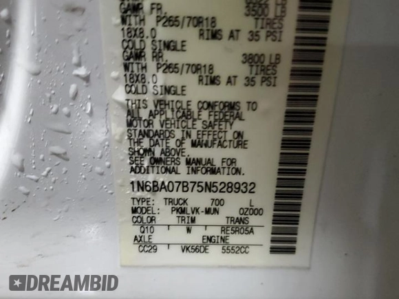 2005 Nissan Titan SE with VIN 1N6BA07B75N528932, listed as a Copart auction lot 45791535 with 196,100 mi miles and Salvage Title. Bid and sale history available at DreamBid. Image 12.