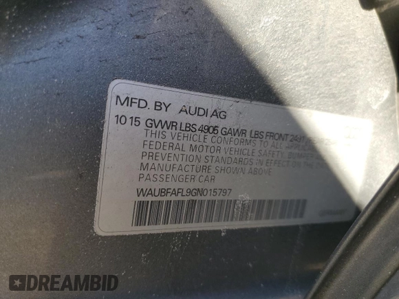 2016 Audi A4 Premium with VIN WAUBFAFL9GN015797, listed as a Copart auction lot 47140885 with 178,053 mi miles and Salvage Title. Bid and sale history available at carsss.com. Image 12.
