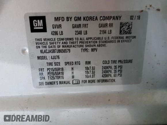 2018 Buick Encore Preferred with VIN KL4CJASB7JB656579, listed as a Copart auction lot 48068845 with 27,790 mi miles and Salvage Title. Bid and sale history available at carsss.com. Image 15.