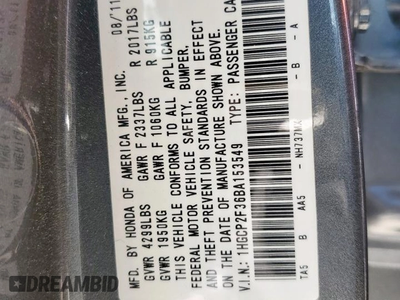 2011 Honda Accord LX with VIN 1HGCP2F36BA153549, listed as a Copart auction lot 61292035 with 99,428 mi miles and Salvage title. Bid and sale history available at DreamBid. Image 13.
