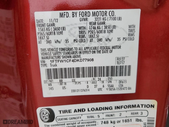 2013 Ford F-150 XL with VIN 1FTFW1CF4DKD77908, listed as a Copart auction lot 47838435 with 154,933 mi miles and Salvage Title. Bid and sale history available at carsss.com. Image 12.