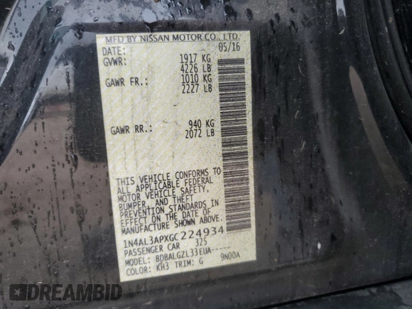 2016 Nissan Altima SR with VIN 1N4AL3APXGC224934, listed as a Copart auction lot 56019375 with 178,531 mi miles and Salvage Title. Bid and sale history available at DreamBid. Image 13.