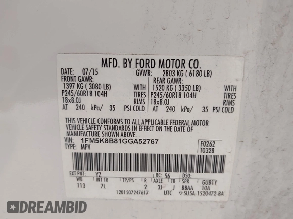 2016 Ford Explorer with VIN 1FM5K8B81GGA52767, listed as a IAAI auction lot 42361204 with 247,604 mi miles and . Bid and sale history available at DreamBid. Image 9.
