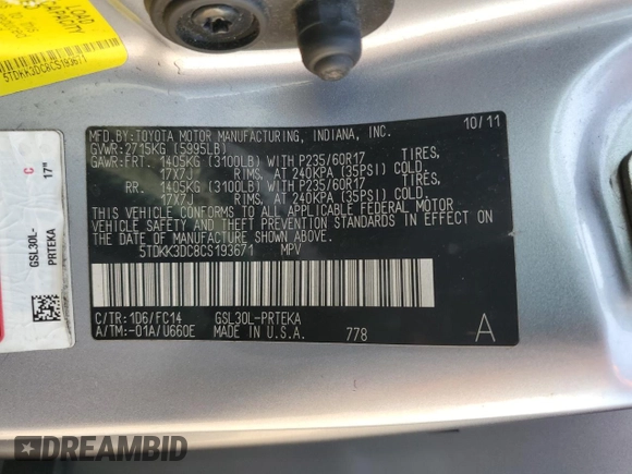 2012 Toyota Sienna LE AAS with VIN 5TDKK3DC8CS193671, listed as a Copart auction lot 63836955 with 257,868 mi miles and Salvage title. Bid and sale history available at DreamBid. Image 13.