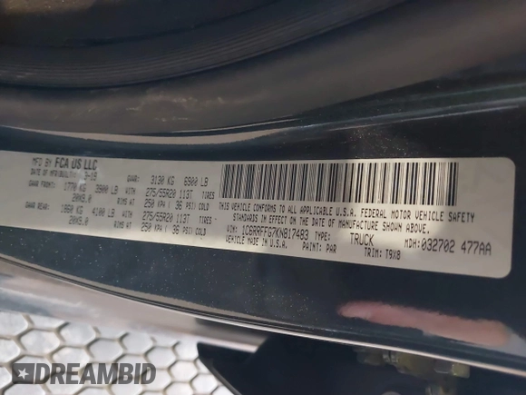 2019 Ram 1500 Big Horn/Lone Star with VIN 1C6RRFFG7KN817483, listed as a IAAI auction lot 40578098 with 81,739 mi miles. Bid and sale history available at carsss.com. Image 9.