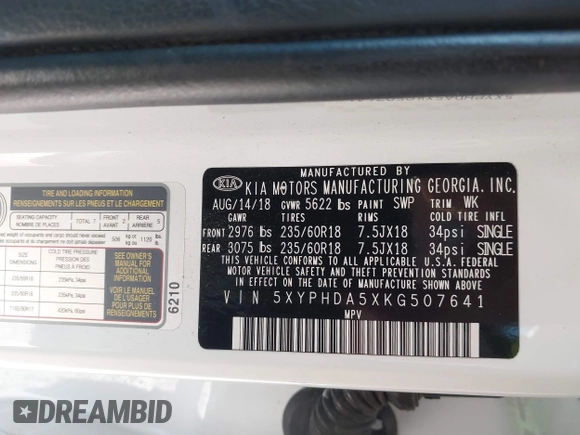 2019 Kia Sorento EX V6 with VIN 5XYPHDA5XKG507641, listed as a IAAI auction lot 41655933 with 171,136 mi miles. Bid and sale history available at carsss.com. Image 9.