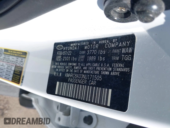 2022 Hyundai Venue SEL with VIN KMHRC8A33NU171505, listed as a IAAI auction lot 42041443 with 37,908 mi miles and . Bid and sale history available at DreamBid. Image 9.