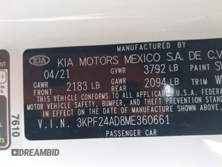 2021 Kia Forte LXS z VIN 3KPF24AD8ME360661, wystawiony jako IAAI lot #41955200 z przebiegiem 106 542 mil mil oraz . Historia ofert i sprzedaży dostępna na DreamBid. Obrazek 9.