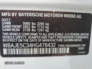 2017 BMW 5 Series 540i с VIN WBAJE5C34HG478432, выставлен на аукционе Copart как лот 54985215 с пробегом 199 816 миль миль и Чистый • Clean title. История ставок и продаж доступна на DreamBid. Изображение 12.