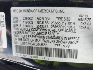 2019 Acura RDX with VIN 5J8TC2H34KL043662, listed as a IAAI auction lot 42031954 with 58,420 mi miles. Bid and sale history available at carsss.com. Image 9.