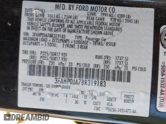 2011 Ford Fusion SEL with VIN 3FAHP0JA7BR319183, listed as a IAAI auction lot 41829886 with 119,302 mi miles. Bid and sale history available at carsss.com. Image 9.