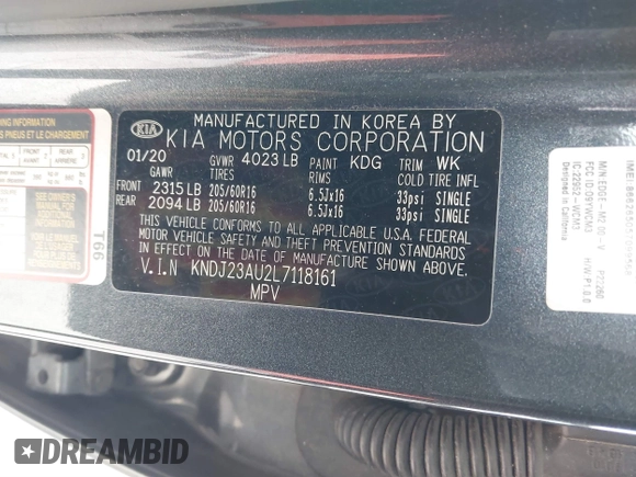 2020 Kia Soul LX with VIN KNDJ23AU2L7118161, listed as a IAAI auction lot 41402849 with 103,215 mi miles. Bid and sale history available at carsss.com. Image 9.
