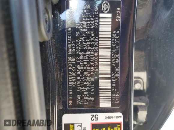 2021 Toyota Camry SE Nightshade with VIN 4T1G11AK6MU583802, listed as a Copart auction lot 79414024 with 6,827 mi miles and Salvage Title. Bid and sale history available at DreamBid. Image 12.