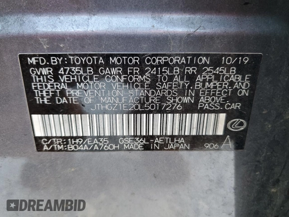 2020 Lexus IS 350 F Sport с VIN JTHGZ1E20L5017276, выставлен на аукционе Copart как лот 88738985 с пробегом 86 355 миль миль и Списание • Salvage title. История ставок и продаж доступна на DreamBid. Изображение 12.