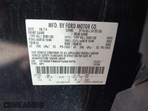 2015 Ford Explorer with VIN 1FM5K7B8XFGA61072, listed as a IAAI auction lot 41015517 with 189,740 mi miles and . Bid and sale history available at DreamBid. Image 9.