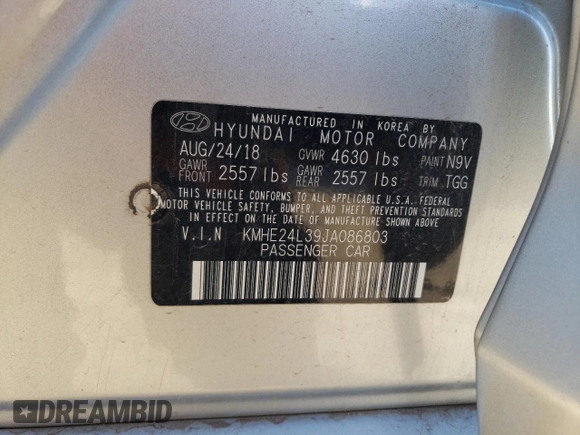 2018 Hyundai Sonata Hybrid SE with VIN KMHE24L39JA086803, listed as a Copart auction lot 80312534 with 0 mi miles and Clean Title. Bid and sale history available at carsss.com. Image 13.