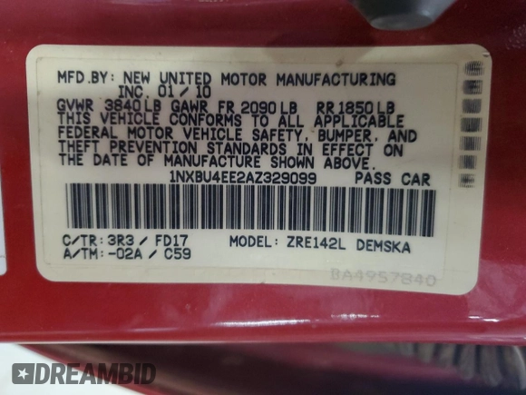2010 Toyota Corolla with VIN 1NXBU4EE2AZ329099, listed as a Copart auction lot 65412925 with 168,285 mi miles and Clean title. Bid and sale history available at DreamBid. Image 12.