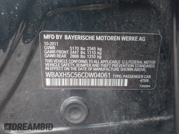 2012 BMW 5 Series 528i xDrive with VIN WBAXH5C56CDW04061, listed as a IAAI auction lot 42208237 with 382,835 mi miles and . Bid and sale history available at DreamBid. Image 9.