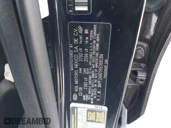2019 Kia Forte LXS with VIN 3KPF24AD1KE068184, listed as a IAAI auction lot 41470017 with 55,326 mi miles. Bid and sale history available at carsss.com. Image 9.
