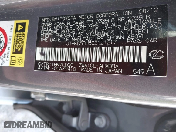 2012 Lexus CT CT 200h with VIN JTHKD5BH8C2121217, listed as a IAAI auction lot 42139460 with 143,570 mi miles and . Bid and sale history available at carsss.com. Image 9.
