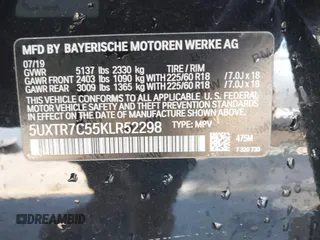 2019 BMW X3 sDrive30i with VIN 5UXTR7C55KLR52298, listed as a IAAI auction lot 41799505 with 64,283 mi miles and . Bid and sale history available at DreamBid. Image 9.
