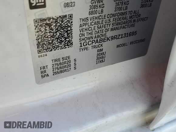 2024 Chevrolet Silverado 1500 Custom with VIN 1GCPABEK9RZ131695, listed as a Copart auction lot 53248475 with 8,413 mi miles and Salvage Title. Bid and sale history available at DreamBid. Image 13.