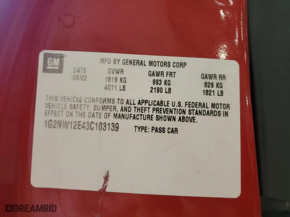 2003 Pontiac Grand Am GT with VIN 1G2NW12E43C103139, listed as a Copart auction lot 62676404 with 157,043 mi miles and Clean Title. Bid and sale history available at carsss.com. Image 12.