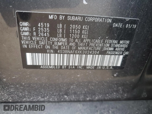 2019 Subaru Legacy Premium with VIN 4S3BNAF6XK3024304, listed as a Copart auction lot 43445725 with 106,678 mi miles and Salvage Title. Bid and sale history available at carsss.com. Image 12.