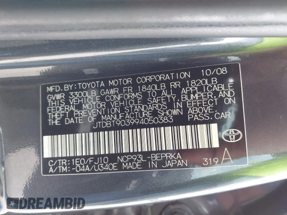 2009 Toyota Yaris with VIN JTDBT903994050383, listed as a IAAI auction lot 42134282 with 122,824 mi miles and . Bid and sale history available at DreamBid. Image 9.