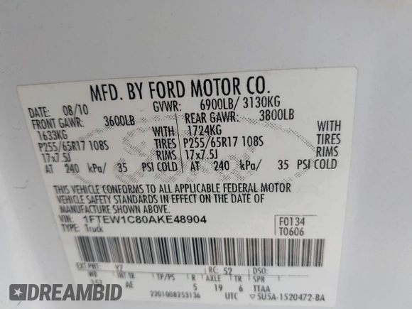 2010 Ford F-150 XL with VIN 1FTEW1C80AKE48904, listed as a IAAI auction lot 42110005 with 255,883 mi miles. Bid and sale history available at carsss.com. Image 9.