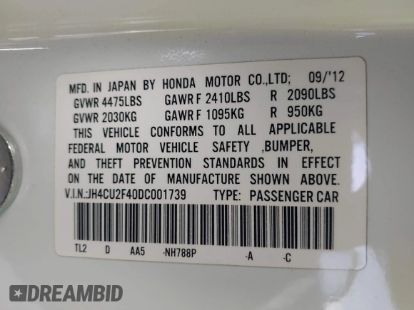 2013 Acura TSX with VIN JH4CU2F40DC001739, listed as a IAAI auction lot 42169170 with 57,960 mi miles. Bid and sale history available at carsss.com. Image 9.