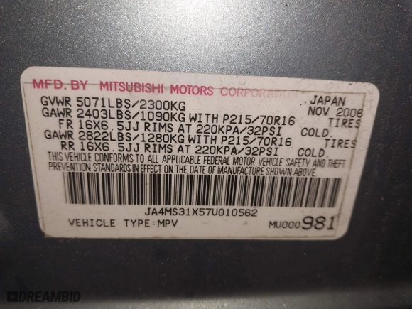 2007 Mitsubishi Outlander ES with VIN JA4MS31X57U010562, listed as a IAAI auction lot 41446868 with 115,464 mi miles. Bid and sale history available at carsss.com. Image 9.