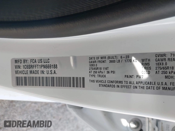 2023 Ram 1500 Big Horn with VIN 1C6SRFFT1PN669188, listed as a IAAI auction lot 39476170 with 29 mi miles and . Bid and sale history available at DreamBid. Image 9.