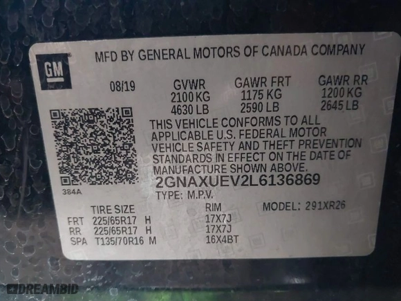 2020 Chevrolet Equinox LT with VIN 2GNAXUEV2L6136869, listed as a IAAI auction lot 41663992 with 109,975 mi miles. Bid and sale history available at carsss.com. Image 9.