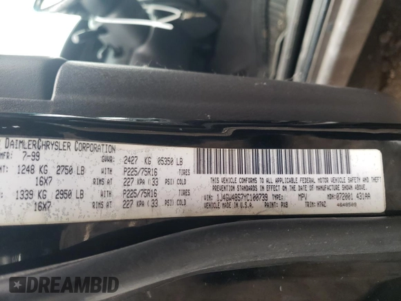 2000 Jeep Grand Cherokee Laredo with VIN 1J4GW48S7YC100739, listed as a Copart auction lot 89072965 with 150,333 mi miles and Salvage title. Bid and sale history available at DreamBid. Image 12.